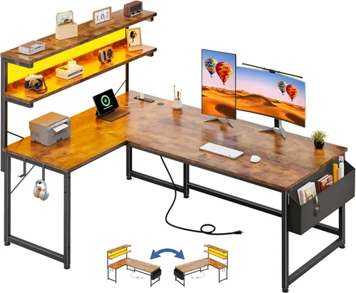 Vista 12 de Escritorio en forma de L para juegos con luz LED y toma de corriente, escritorio reversible en forma de L para computadora de 43.3 pulgadas