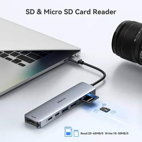 Vista 6 de Adaptador HDMI USB C Hub para MacBook Pro/Air, MOKiN 7 en 1 USB C Dongle con HDMI, lector de tarjetas SD/TF, puerto de datos USB C, 100 W PD y 2 USB