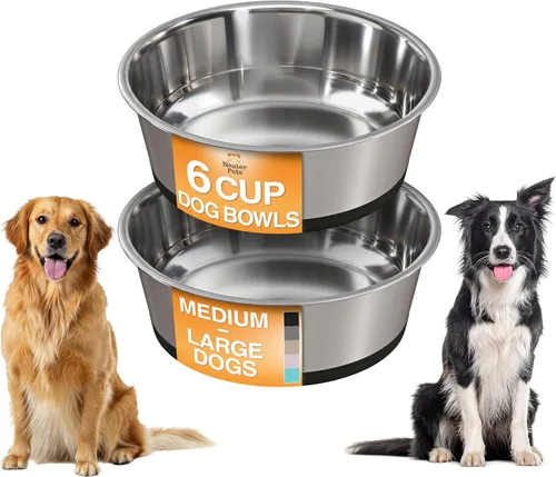 Neater Pet Brands Tazones de acero inoxidable para perros con parte inferior de goma antideslizante, juego de 2, 6 tazas (48 onzas), color negro