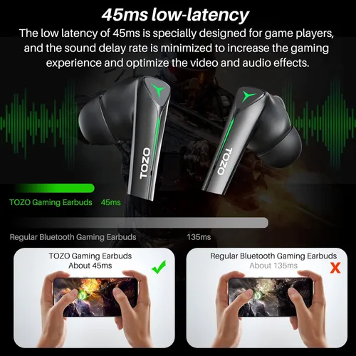 Vista 2 de TOZO Auriculares inalámbricos G1 con Bluetooth para juegos con micrófono, auriculares intrauditivos de alta sensibilidad con modo de juegomúsica