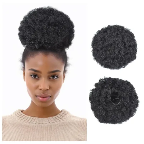 Vista 15 de Extensión de cola de caballo afro con cordón, corta sintética afro rizada para cabello natural, clip en cordón rizado, moño (grande, 1B#)