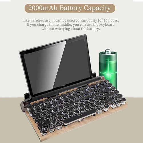 Vista 5 de Teclado mecánico de 83 teclas - Teclado inalámbrico con Bluetooth para juegos retro, interruptor azul anti-fantasma (madera)