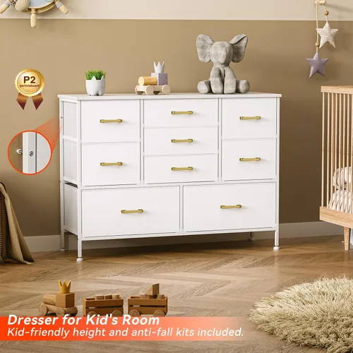Vista 6 de Cómoda de 9 cajones blancos, cómoda moderna y grande para organizar el dormitorio, cómoda larga con 9 cajones de tela, cómoda de almacenamiento