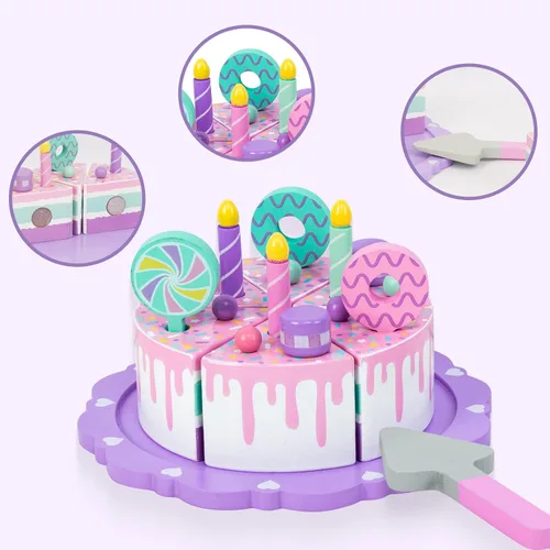 Vista 4 de Juguetes de pastel para niños pequeños de 2 a 5 años, juguete de comida de madera para jugar a fingir, pastel de cumpleaños falso, juguete de cocina