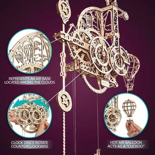 Vista 6 de UGEARS Aero Clock - Rompecabezas 3D de madera para adultos, kit de modelo mecánico de madera para adultos, reloj de pared, rompecabezas 3D con kit