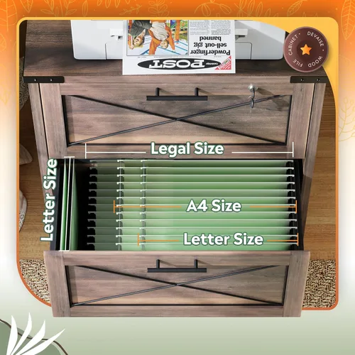 Vista 4 de DEVAISE Archivador lateral con cerradura, 2 cajones y estación de carga, soporte de impresora de madera de granja con gran almacenamiento, se adapta