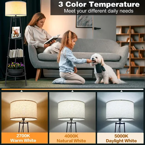 Vista 2 de Lámpara de Pie con Estantes, Lámpara de Pie Moderna con Bombillas LED de 3 Temperaturas de Color, Lámparas de Pie de Rincón para Sala de Estar