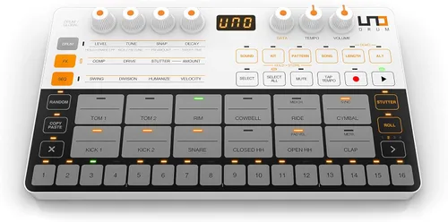 Vista 2 de IK Multimedia Tambor analógico y digital UNO con 6 voces analógicas, secuenciador de 64 pasos, USB y MIDI de 0.098 in, 100 preajustes de patrones