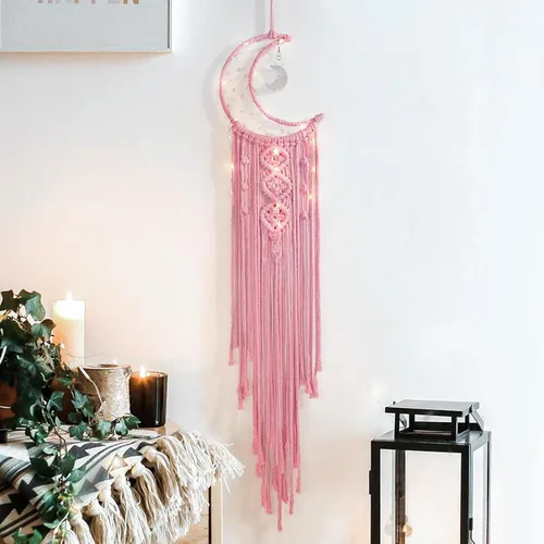 Vista 12 de Colgante de pared de macramé bohemio para niños, atrapasueños de media luna y estrella de crochet con borlas largas, decoración de algodón oliva