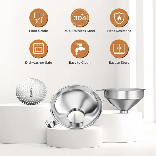 Vista 6 de Pisol Embudo de enlatado para tarros de boca ancha y regular, juego de embudos de cocina de acero inoxidable con colador para llenar botellas, juego