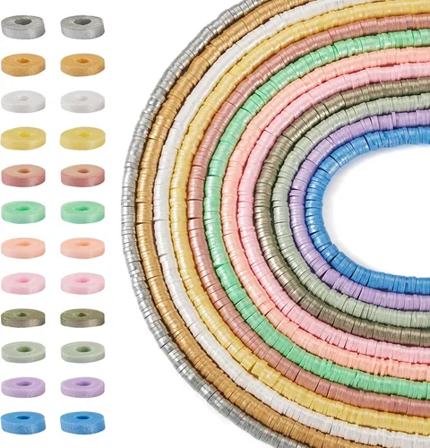 Vista 10 de FASHEWELRY 10 hebras planas redondas de arcilla polimérica de 0.236 pulgadas (0.236 in) hechas a mano, cuentas espaciadoras de disco, cuentas