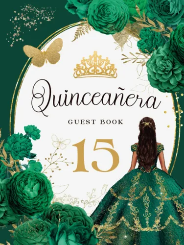 Quinceañera Guest Book Gorgeous Emerald Green and Gold 15th Birthday Sign-in Guest Book with Gift Log and Keepsake Photo Pages