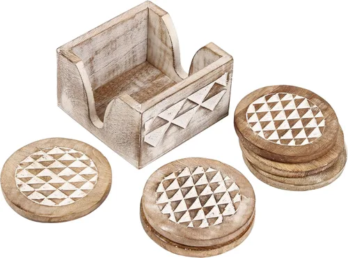 Vista 12 de Juego de 6 posavasos de madera blanqueados para bebida, té, mesa de café, posavasos blancos envejecidos con soporte, comedor, decoración del hogar