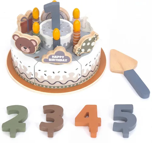 Vista 11 de Comida de juego de simulación para niños pequeños de 2 a 5 años, pastel falso de cumpleaños de madera con velas y números, fiesta de té, juguetes