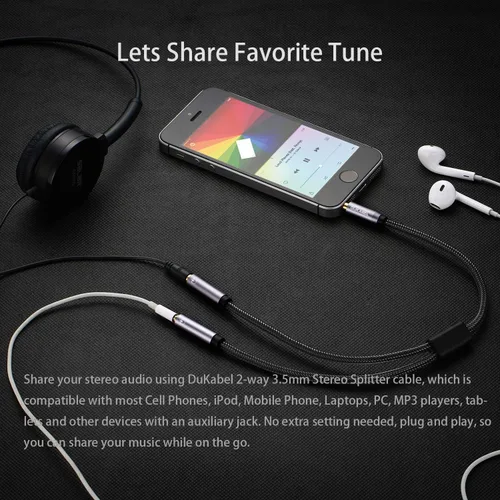 Vista 2 de DUKABEL Divisor de auriculares, resistente trenzado y chapado en oro de 0.138 in de audio estéreo en Y, cable divisor en Y de 4 polos macho a 2
