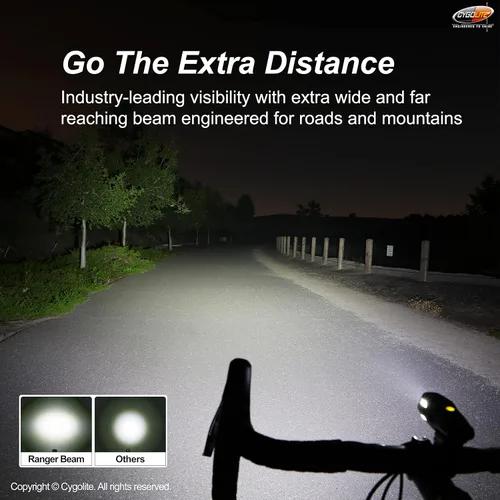 Vista 3 de Cygolite Ranger - Luz de bicicleta de 1200 lúmenes - 5 modos nocturnos y 3 diurnos - Compacto y duradero - IP67 impermeable - Montaje duro seguro