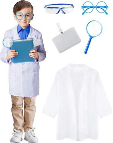 Disfraz de 5 piezas para niños, uniforme de científico, bata de laboratorio para niños, niñas, disfraz de Halloween, cosplay, fiesta de ocupación