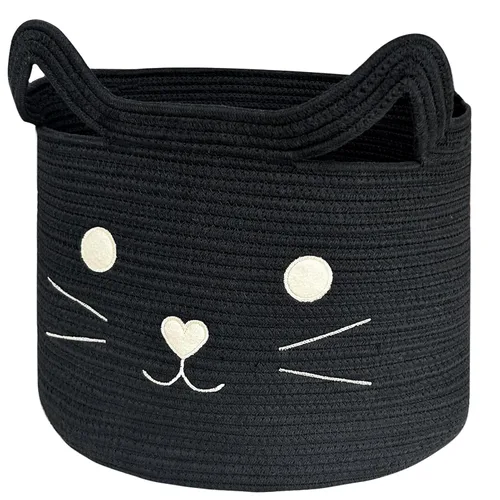 VK VK·LIVING Cesta Grande de Juguetes para Gatos con Asas 15" L x 14" H Caja de Juguetes de Cuerda de Algodón con Diseño de Gato Negro, Cesta de