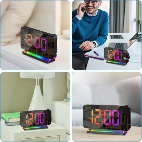 Vista 5 de AMIR Reloj despertador de proyección, reloj despertador de espejo LED de 7 pulgadas para dormitorios, reloj digital con luz nocturna de 10
