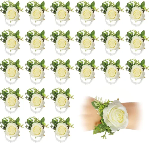 Vista 11 de Sherr 24 pulseras de ramillete de rosas de boda para novia, dama de honor, mujeres, pulseras de flores, decoración de bodas, flores artificiales