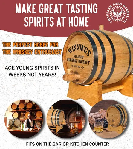 Vista 2 de Dispensador personalizado de barril de whisky de 1 litro con soporte, Bung y espita – Barril de whisky de madera para hacer cócteles de bourbon