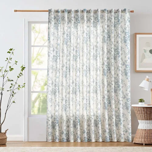 Vista 102 de JINCHAN Cortinas de mezcla de lino con flores para sala de campo francés, cortinas para sala de estar de 84 pulgadas de largo, cortinas impresas