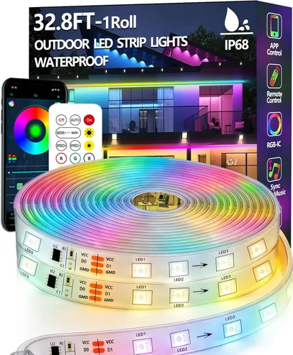 Tira de luz LED para exteriores de 32.8 pies, impermeable, IP68 exterior RGB+IC tira de luz con aplicación/control remoto, modo de persecución, luz