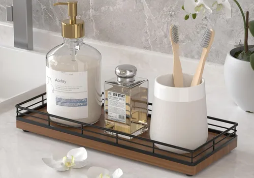 Vista 14 de Bandeja de tocador de baño de madera de acacia, bandeja pequeña de encimera de 11 pulgadas de largo para tocador, mesa, encimera de cocina, barra