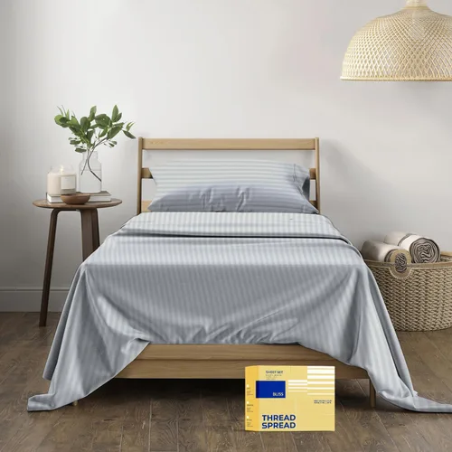 Vista 20 de THREAD SPREAD Hotel Collection - Juego de sábanas de 600 hilos de algodón egipcio, satinado, 4 piezas, Algodón, Gris oscuro - Rayas, gemelo Rayas