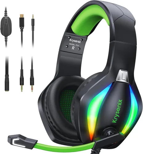 Krysenix PG1 - Auriculares para juegos para PS4PS5PCXbox, Xbox One con sonido de micrófono estéreo AI, auriculares de computadora con conector de