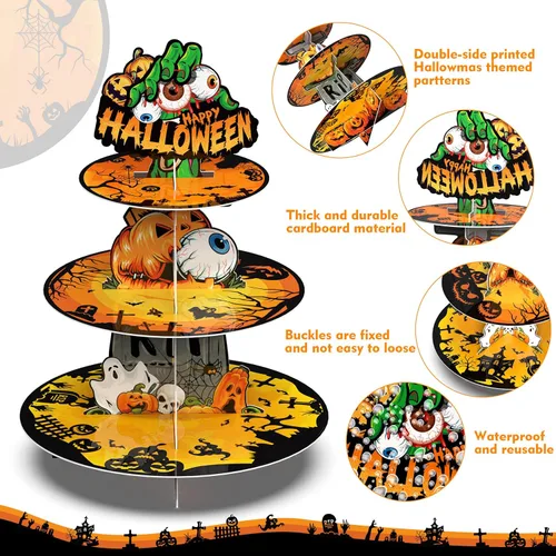 Vista 4 de Soporte de 3 niveles para cupcakes de Halloween, decoración de fiesta, cementerio de terror de cartón para niños, ideal para mostrar postres