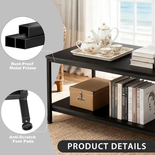 Vista 6 de SUPER DEAL - Mesa de café industrial de 2 niveles con estante de almacenamiento para apartamento pequeño, sala de estar, mesa auxiliar rectangular