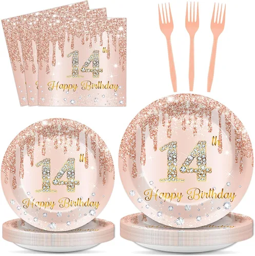 Vista 49 de 96 piezas de platos y servilletas de oro rosa para fiesta de cumpleaños número 9 para niñas, suministros de fiesta de oro rosa, juego de vajilla