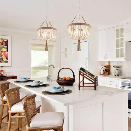 Vista 4 de VILUXY Candelabro bohemio con cuentas de madera de granja, lámpara colgante de cuentas de madera, Chandeleir colgante de 3 luces, candelabro rústico