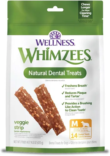 Vista 11 de WHIMZEES Golosinas dentales naturales de larga duración para perros, sin granos, salchicha vegetariana, pequeña, bolsa de 28