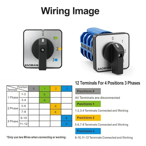 Vista 4 de Baomain Interruptor de cambio rotativo, 20A 4 posiciones, selector de leva de 12 terminales con selección de circuito 0-1-2-3, certificado UL
