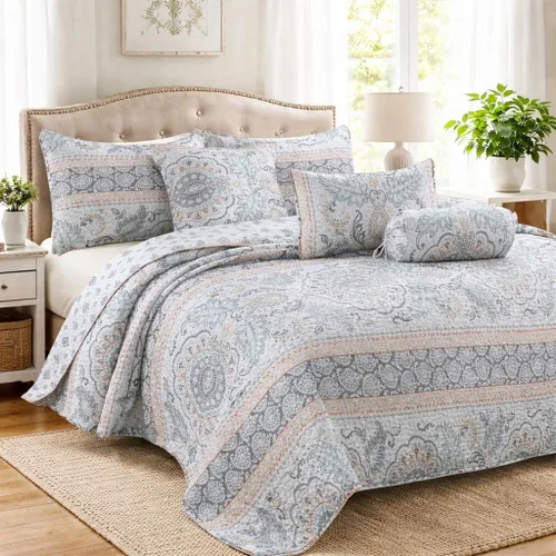 Vista 15 de Cozy Line Home Fashions Moorea - Juego de ropa de cama reversible de microfibra con retazos, gris, amarillo, coral, azul aguamarina, colcha