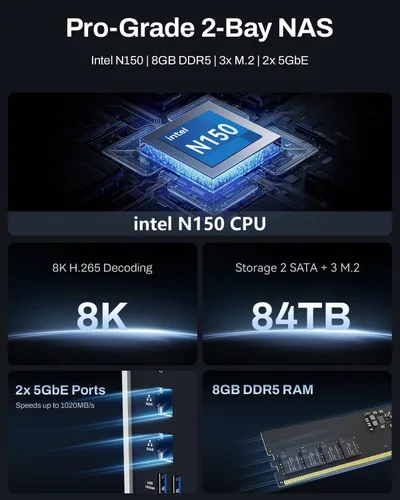 Vista 2 de TERRAMASTER Almacenamiento NAS F2-425 Plus - 2 Bahías CPU Intel N150 Quad-Core, 8GB RAM DDR5, 5GbE LAN x 2, Ranura M.2 x 3, Almacenamiento Conectado