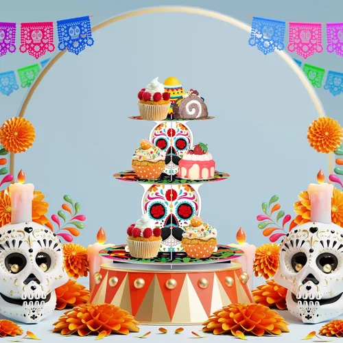 Vista 5 de Zopeal Decoraciones de fiesta de 3 niveles para fiesta de cumpleaños mexicano, soporte para cupcakes de Cinco de Mayo, soporte para cupcakes