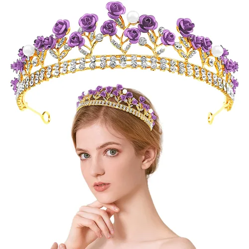 Aswewamt Tiaras de rosas moradas para novia, coronas de reina, flores doradas, corona barroca de princesa, perlas de cristal, joyería de flores