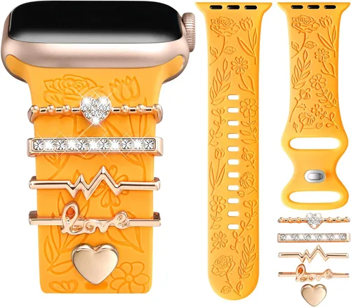 Vista 16 de DaQin Banda con Flor Grabada Compatible con Apple Watch, Bandas de 44mm, 42mm, 45mm, 46mm para Mujeres, Correa de Silicona Suave con Decoración
