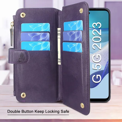 Vista 3 de Lacass Funda de piel con bolsillo con cremallera para Motorola Moto G 5G 2023 (morado oscuro)