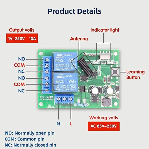 Vista 6 de DieseRC AC 110V 120V 220V 240V Interruptor de control remoto inalámbrico 433Mhz RF 10A 2CH Relé receptor con 2 transmisores para puerta de garaje