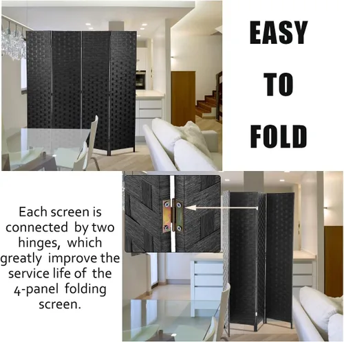 Vista 2 de Paneles plegables de fibra de tejido alto, biombo de madera con 4 paneles plegables de 6 pies de alto, divisor de malla, portátil, divisores