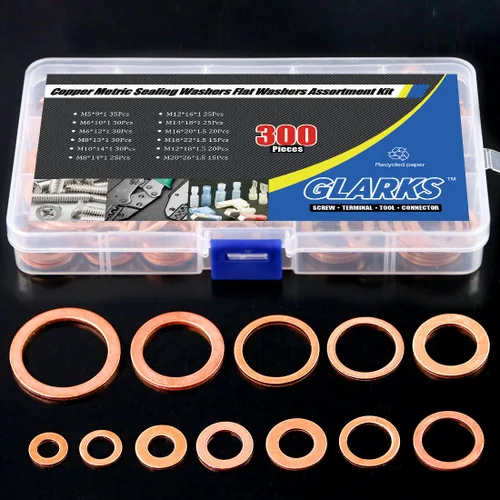Vista 7 de Glarks Juego surtido de 300 arandelas de sellado de cobre de anillo plano métrico de 12 tamaños