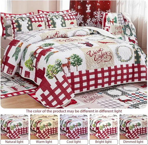 Vista 6 de Juego de edredón de Navidad, ropa de cama rústica con estampado de Papá Noel y muñeco de nieve, colcha acolchada sólida con 2 fundas de almohada