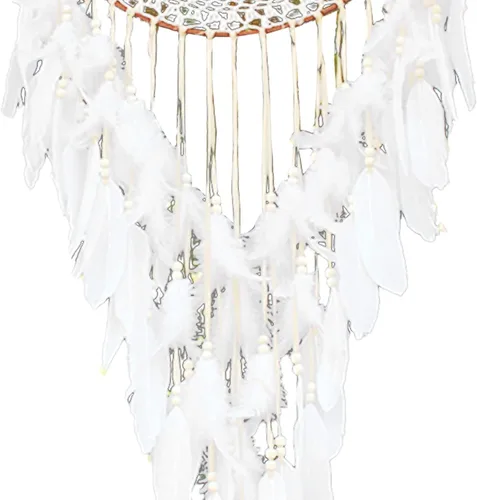 Vista 9 de Atrapasueños de plumas blancas con luz, atrapasueños hecho a mano para dormitorio, decoración para colgar en la pared, red circular para el hogar