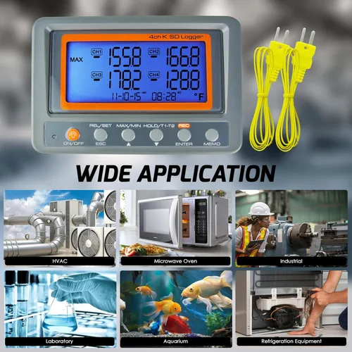 Vista 6 de Termómetro tipo K registrador de datos Termómetro de termopar de 4 canales, registrador digital de temperatura con 2 termopares y tarjeta SD