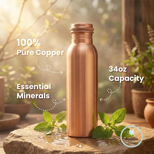 Vista 3 de 100% Real Copper Water Bottle Set of 2 (34 oz / 1 Liter Each), Hammered & Plain Finish Pure Copper Drinking Bottles with Leak Proof Lids, Durable