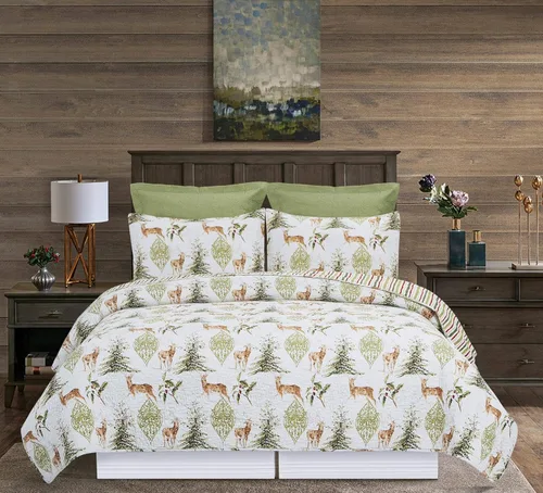 Vista 4 de C&F Home Reindeer Tracks - Juego de edredón reversible de algodón de 3 piezas, color rojo, verde y blanco, a rayas en acuarela, lavable a máquina